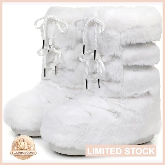 Faux Fur Snow Boots Mid-Calf Winter Boots Fuzzy Fluffy Platform Lace-Up